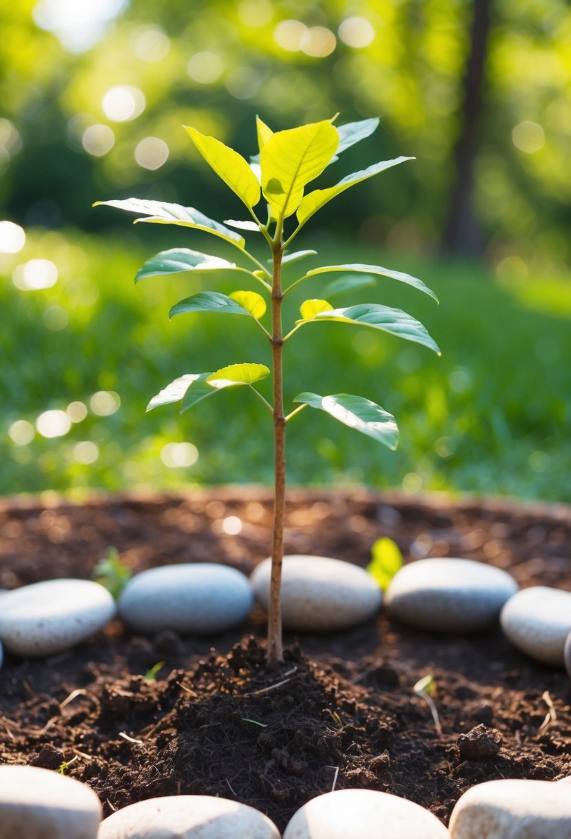 A young sapling planted in rich soil, surrounded by a circle of stones, with dappled sunlight filtering through the leaves