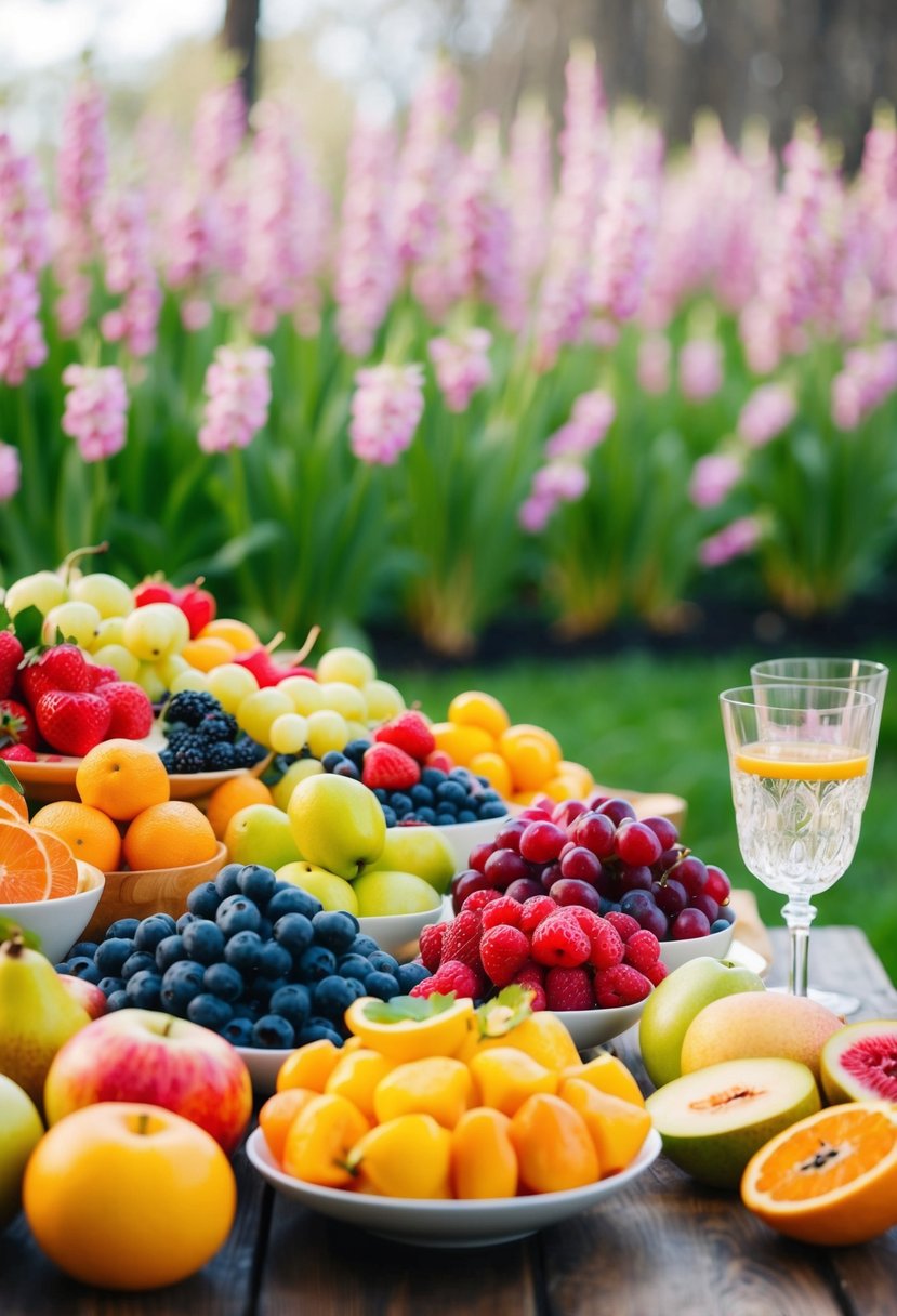 A bountiful grazing table overflowing with colorful seasonal fruits, set against a backdrop of blooming spring flowers and greenery