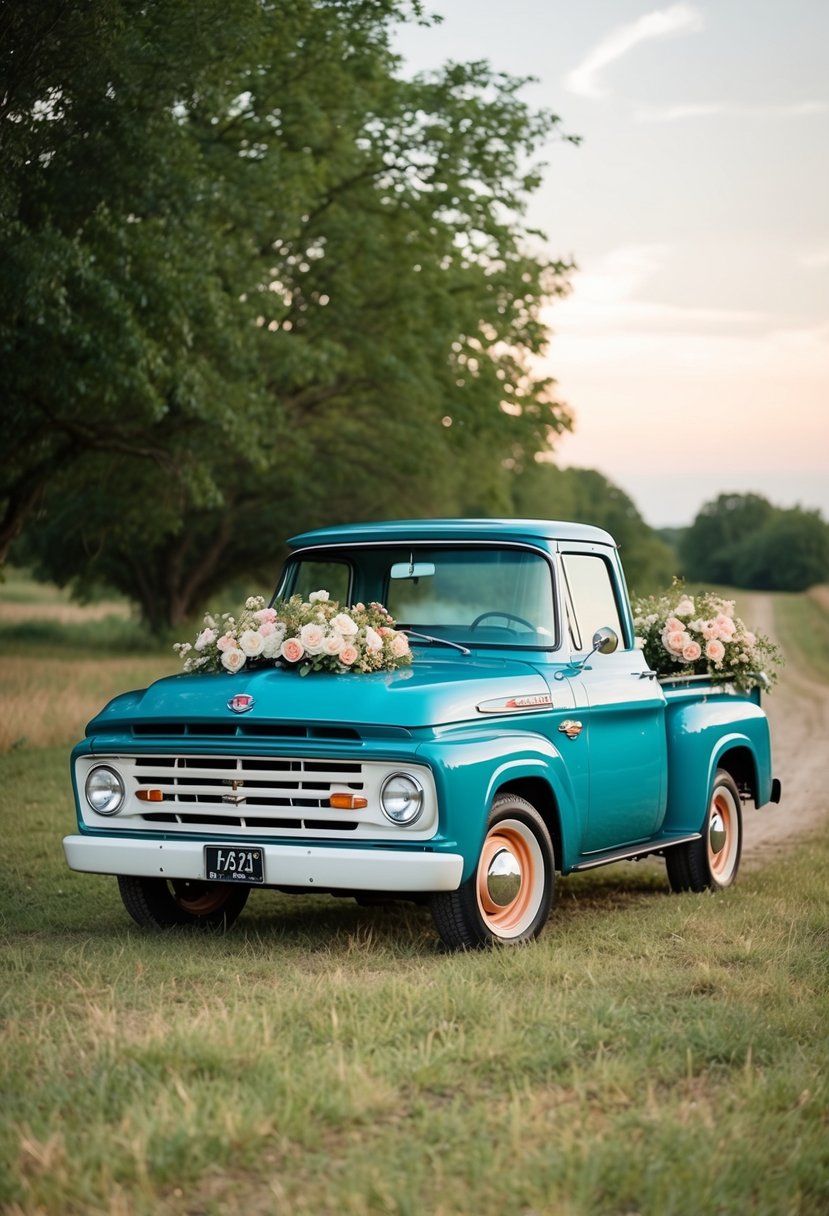 A vintage pickup truck adorned with flowers in a rustic countryside setting, with soft natural lighting