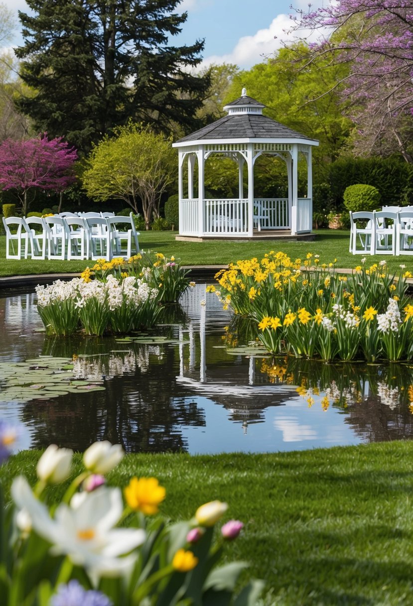 A serene pond surrounded by blooming flowers, with a gazebo and white chairs set up for a spring wedding