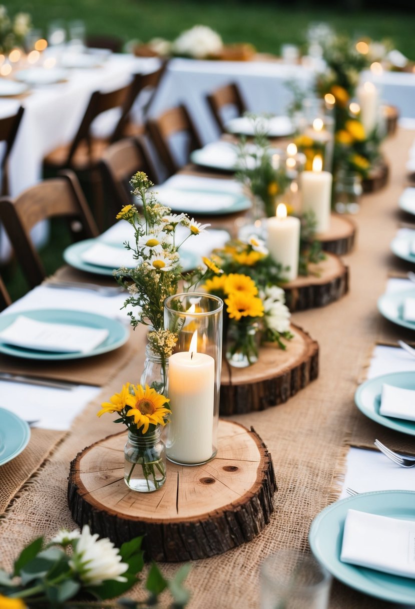 Rustic wooden slab centerpieces adorned with wildflowers and candles, set on burlap table runners at a country wedding reception