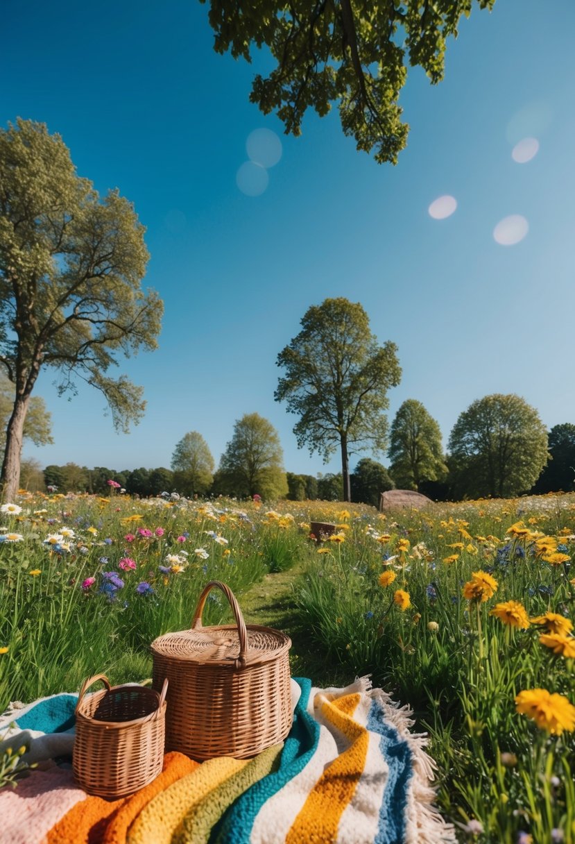 A sun-dappled meadow with colorful blankets, wicker baskets, and blooming flowers, surrounded by tall trees and a clear blue sky