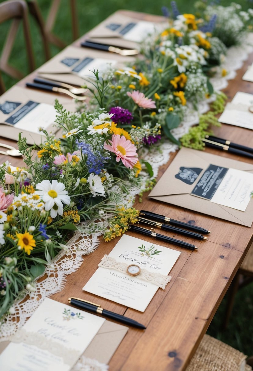 A wooden table adorned with wildflowers and vintage lace, surrounded by rustic chic invitations and calligraphy pens