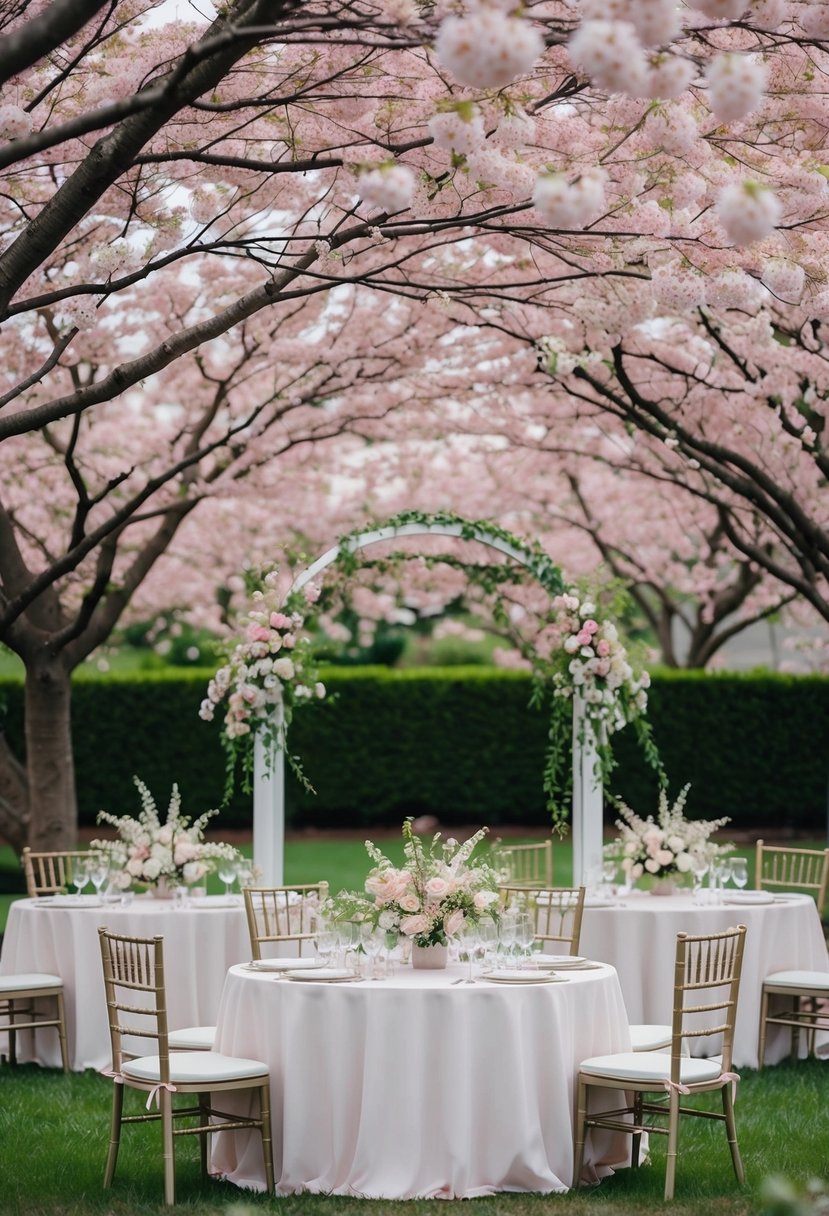 A serene garden setting with cherry blossom trees, soft pink petals, and delicate floral arrangements adorning the tables and archway