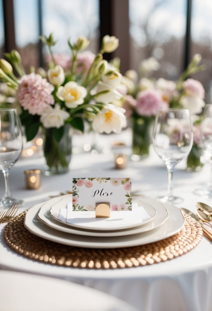 A table set with delicate floral place cards, surrounded by blooming spring flowers