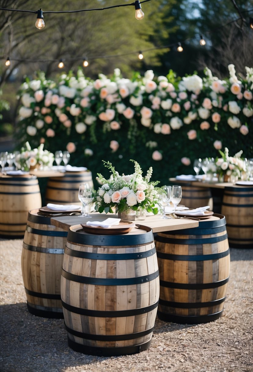 A rustic outdoor wedding reception with antique wine barrel tables adorned with floral arrangements, set against a backdrop of blooming spring flowers and greenery