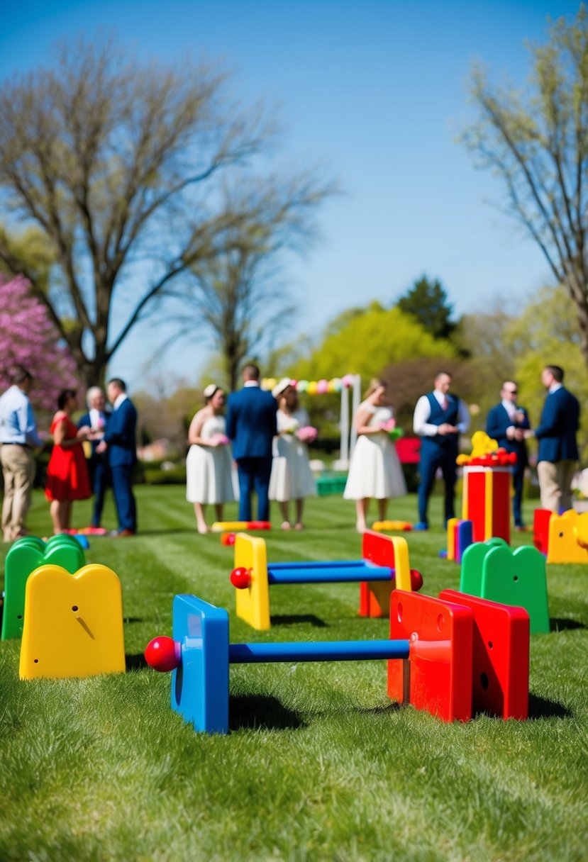 A sunny spring day with colorful lawn games set up for guests to enjoy at a wedding