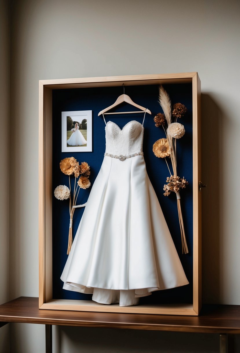 A wedding dress displayed in a shadow box with dried flowers and a photo