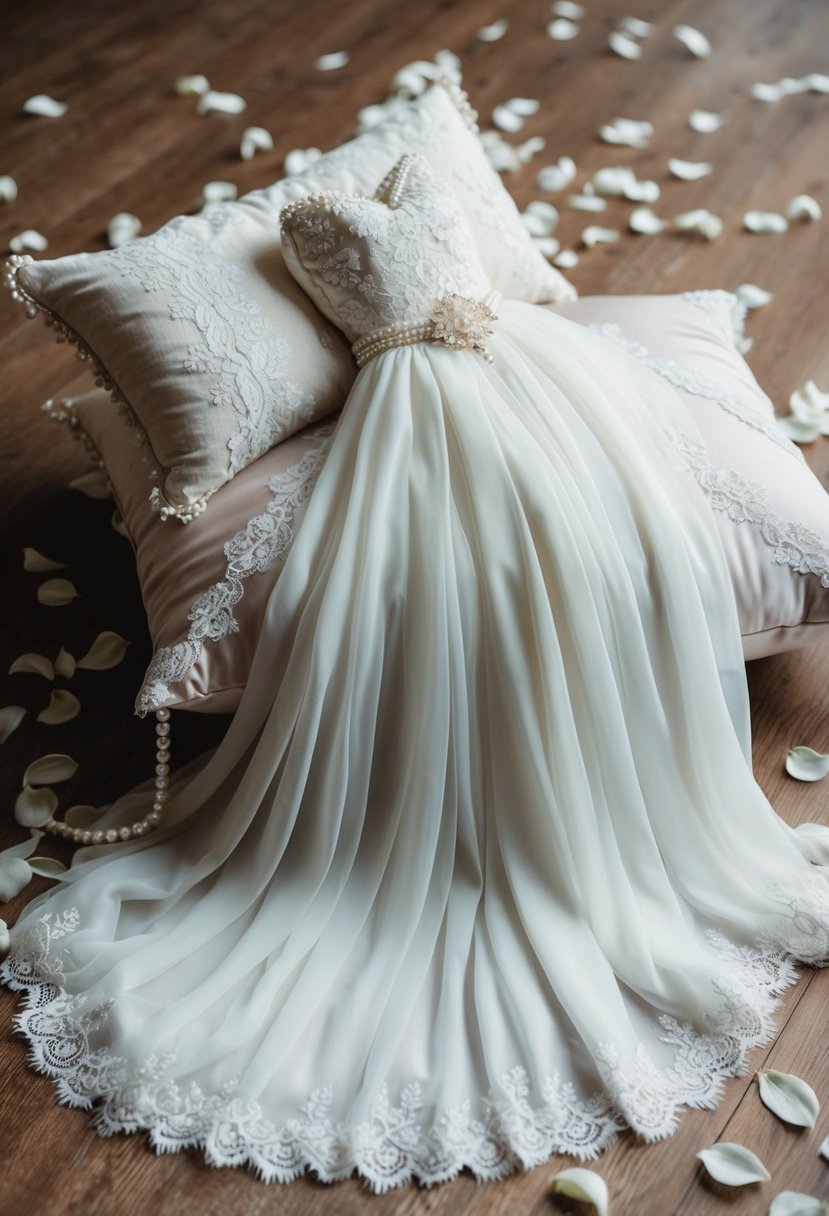 A flowing wedding dress draped over a cushion, adorned with lace and pearls, surrounded by delicate flower petals