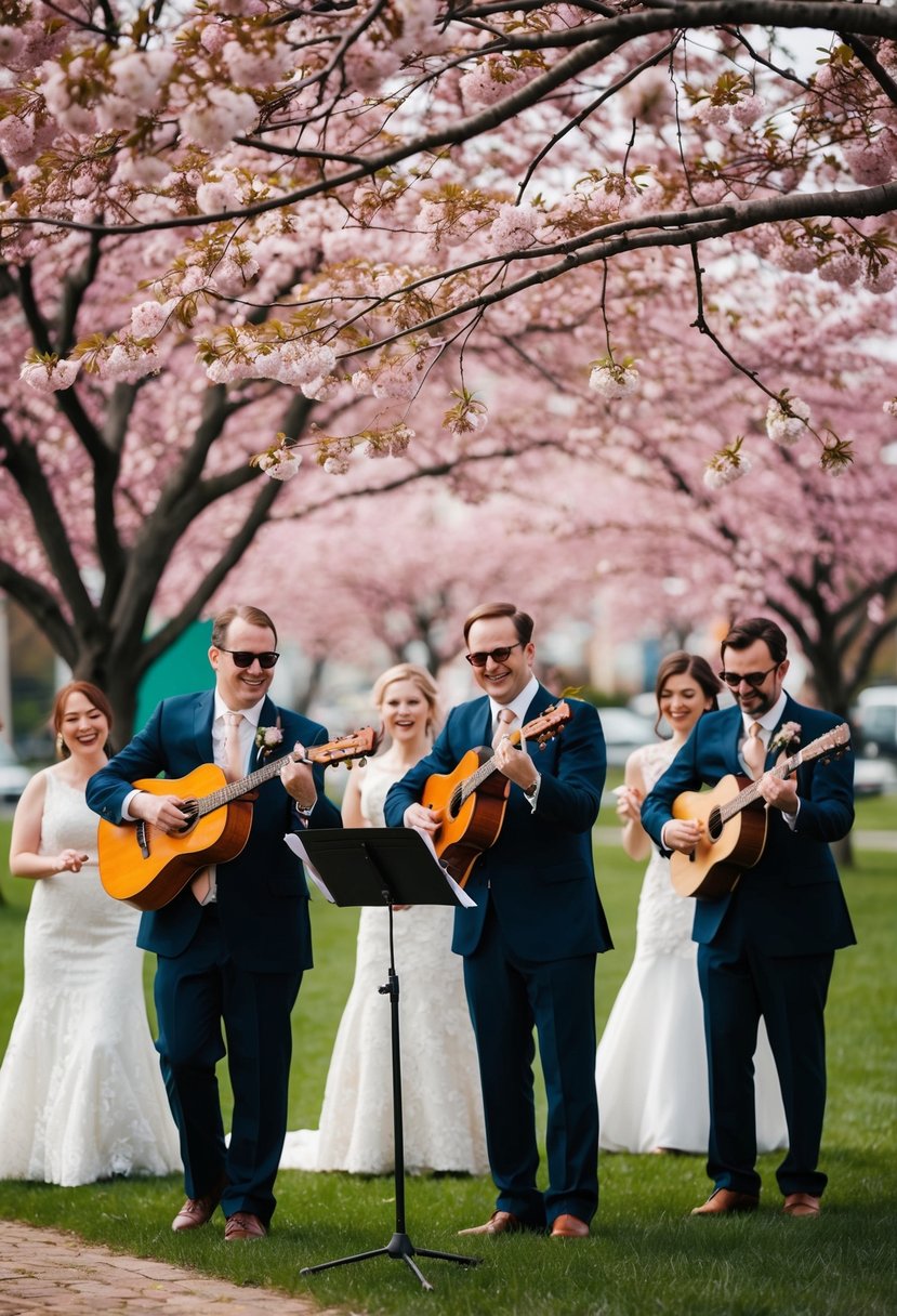 A lively local folk band performs under blooming cherry blossoms at a spring wedding