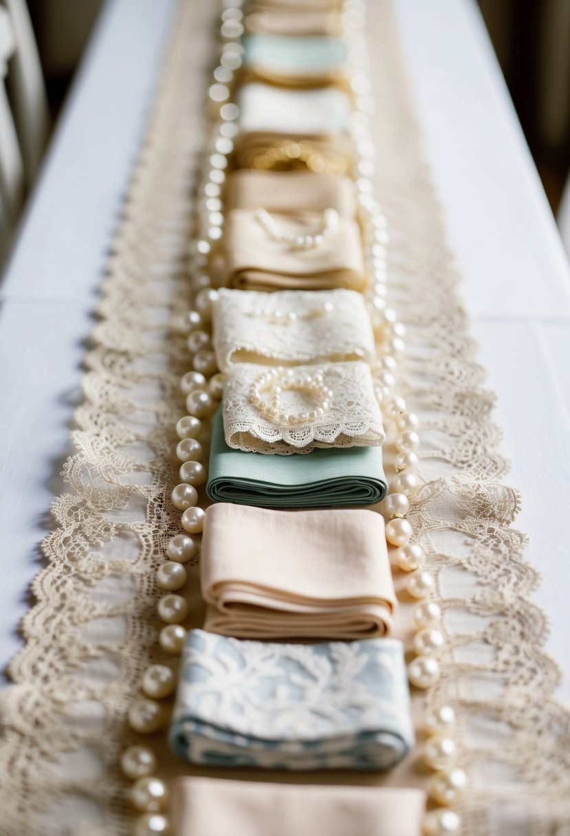 A table runner adorned with lace, pearls, and delicate fabric swatches, arranged in an elegant display