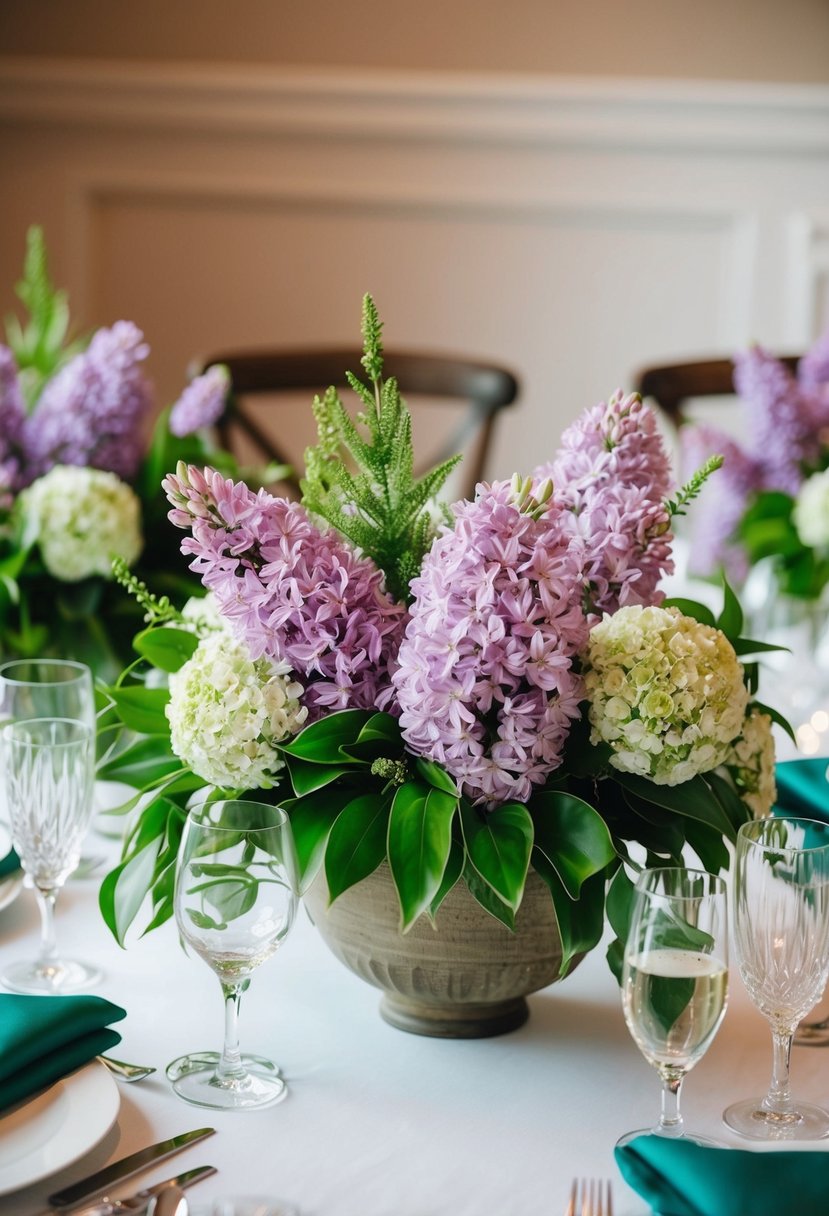 A table adorned with lilac and green centerpiece arrangements, evoking a spring wedding ambiance