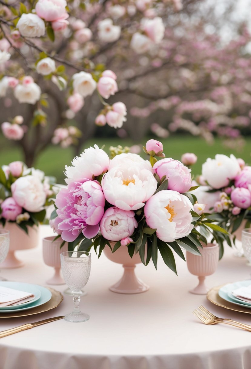 A table adorned with peony bridal bouquets, surrounded by soft pastel decor, set against a backdrop of blooming spring flowers