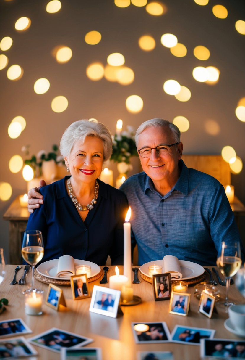 A couple sitting at a table with a candlelit dinner, surrounded by photos and mementos from their 49 years together