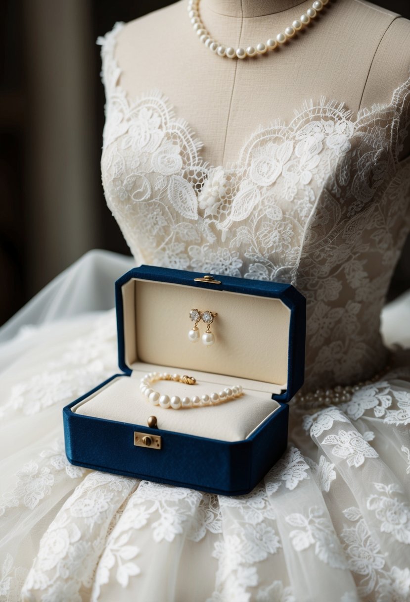 A delicate lace wedding dress draped over a vintage jewelry box with a pearl necklace and a pair of earrings displayed on top