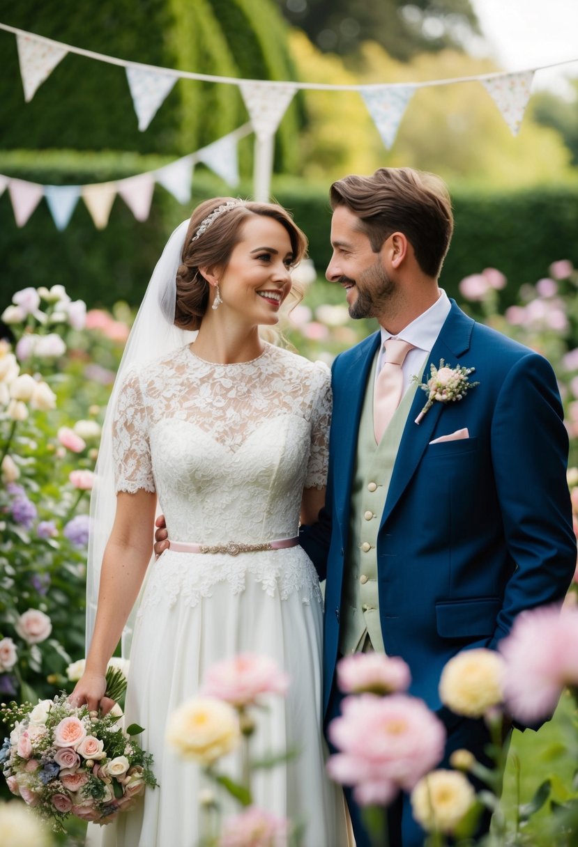 A garden wedding with a vintage-inspired bride in a lace gown and groom in a classic suit, surrounded by pastel flowers and bunting