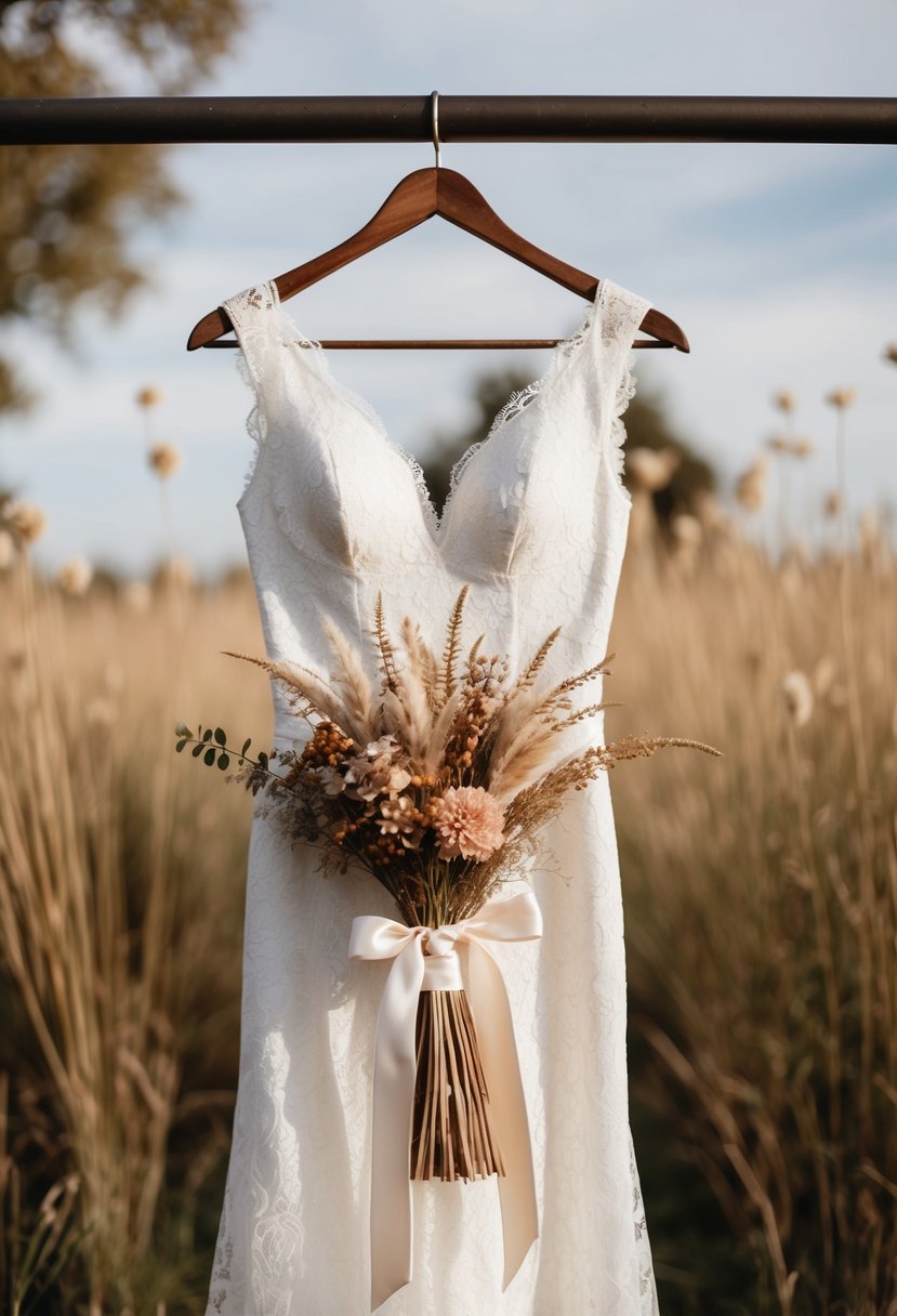 A delicate lace wedding dress draped over a vintage wooden hanger, adorned with a bouquet of dried flowers and tied with a satin ribbon