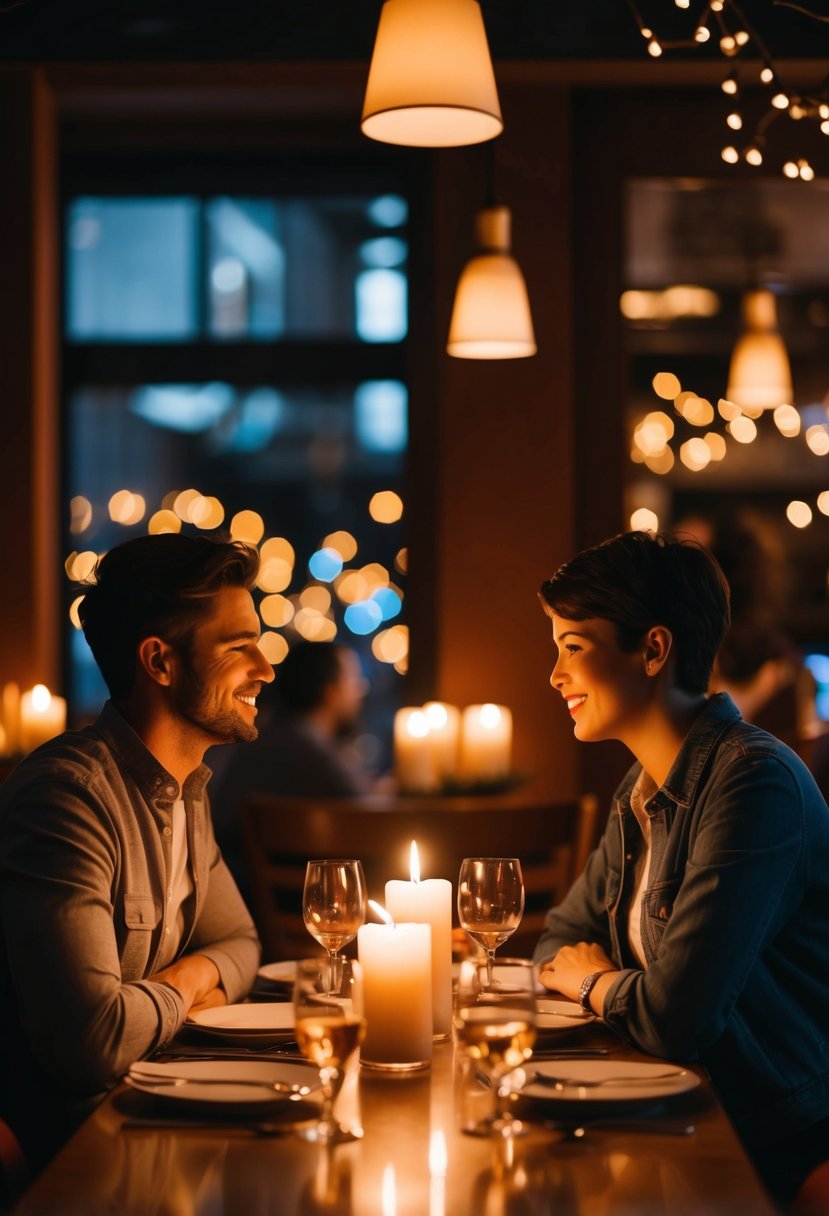 A couple sits at a candlelit table in a cozy restaurant, surrounded by soft music and flickering lights, reminiscing about their first date