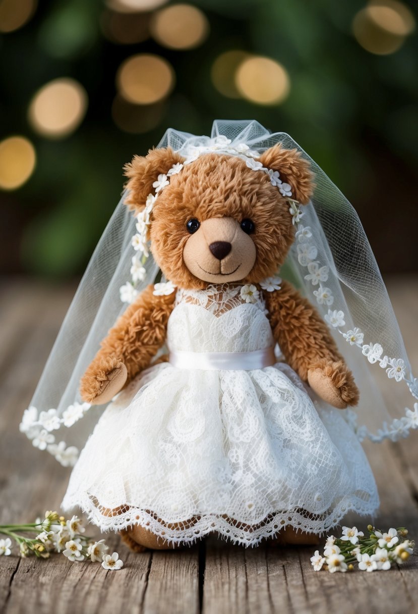 A small stuffed bear wearing a white lace wedding dress, surrounded by tiny flowers and a miniature veil