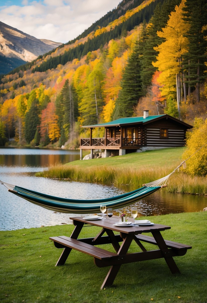 A cozy cabin nestled in the mountains, surrounded by colorful foliage and a serene lake, with a picnic table set for two and a hammock swaying in the gentle breeze