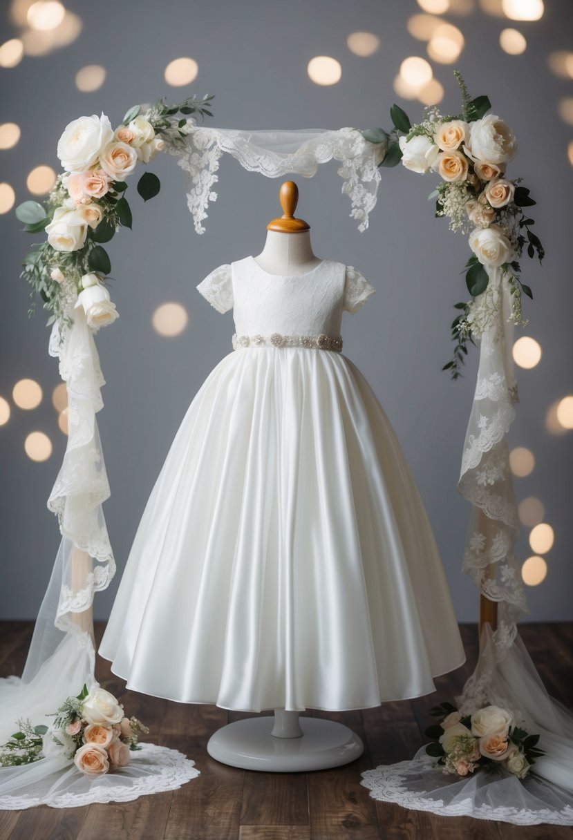 A modern christening gown and wedding dress displayed on a mannequin, surrounded by delicate lace and floral accents