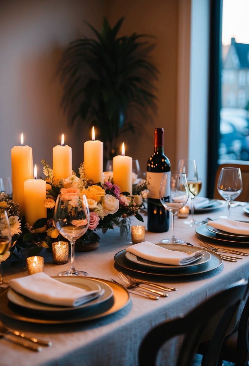 A beautifully set dining table with candles, flowers, and elegant dinnerware. Wine glasses and a bottle of wine. Warm lighting and a cozy atmosphere