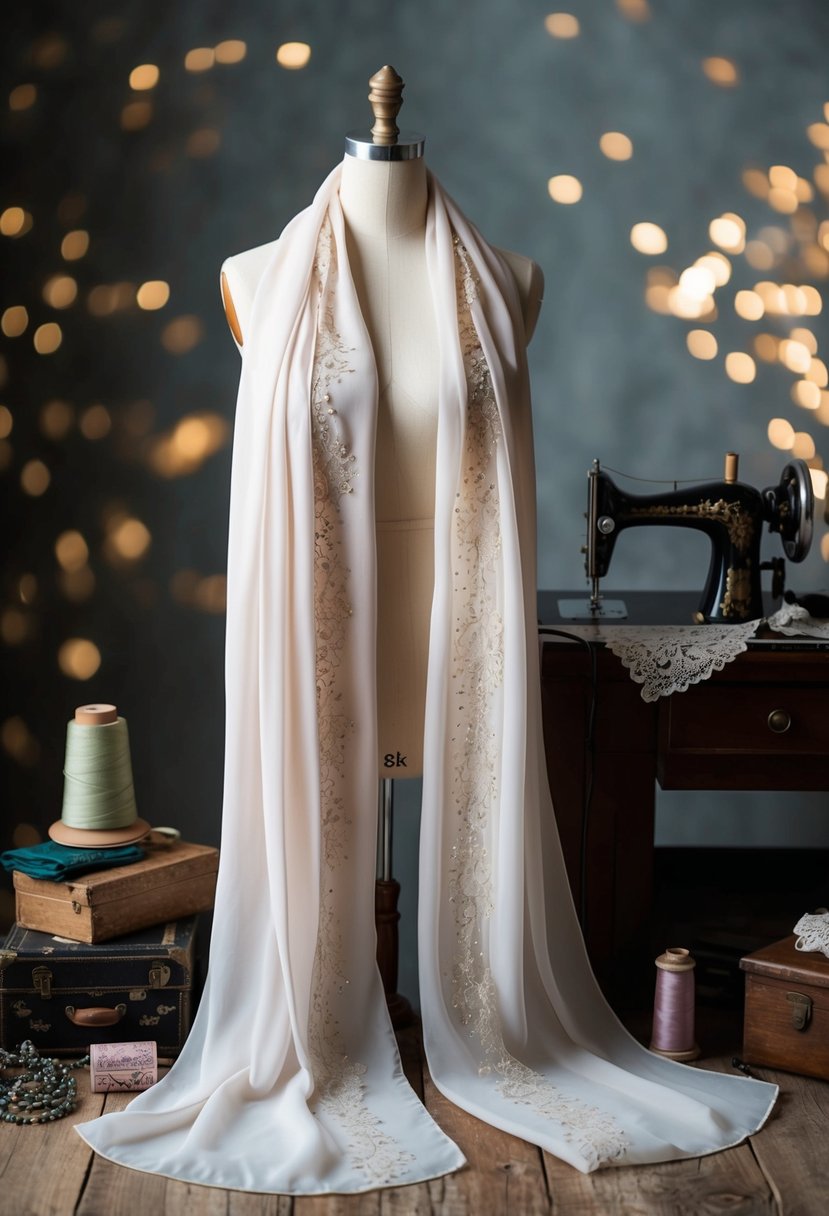 A flowing scarf dress draped over a mannequin, adorned with delicate lace and beading, surrounded by vintage sewing supplies