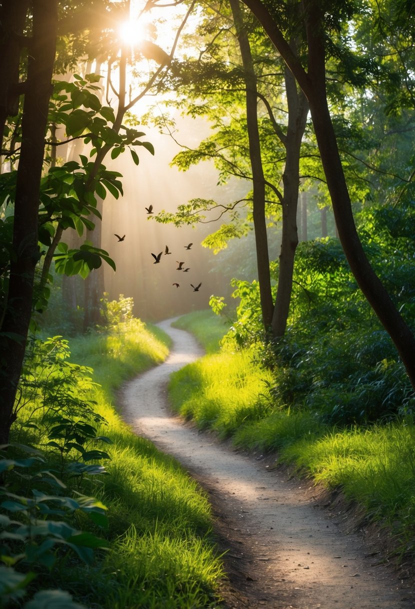 A winding trail leads through a lush forest, with sunlight streaming through the canopy and birds chirping in the distance