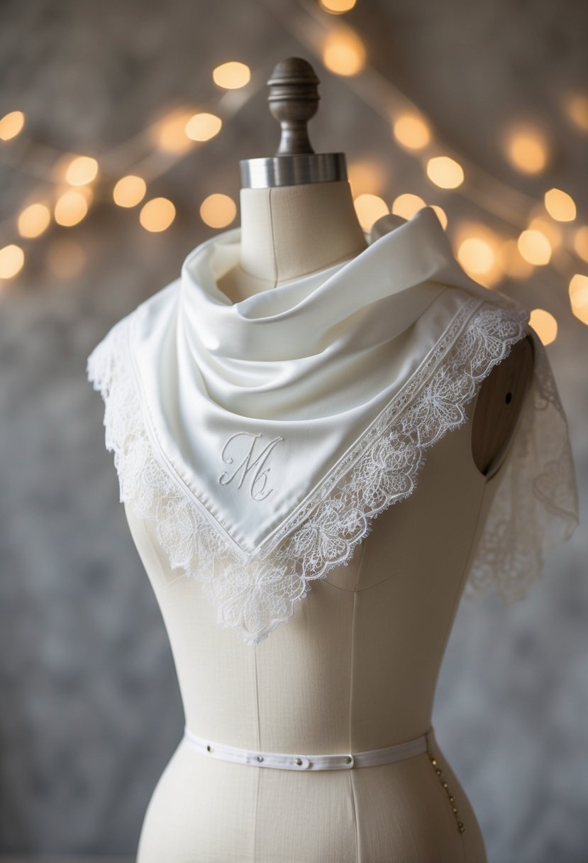 A handkerchief wedding dress draped over a vintage mannequin, adorned with delicate lace and embroidered initials