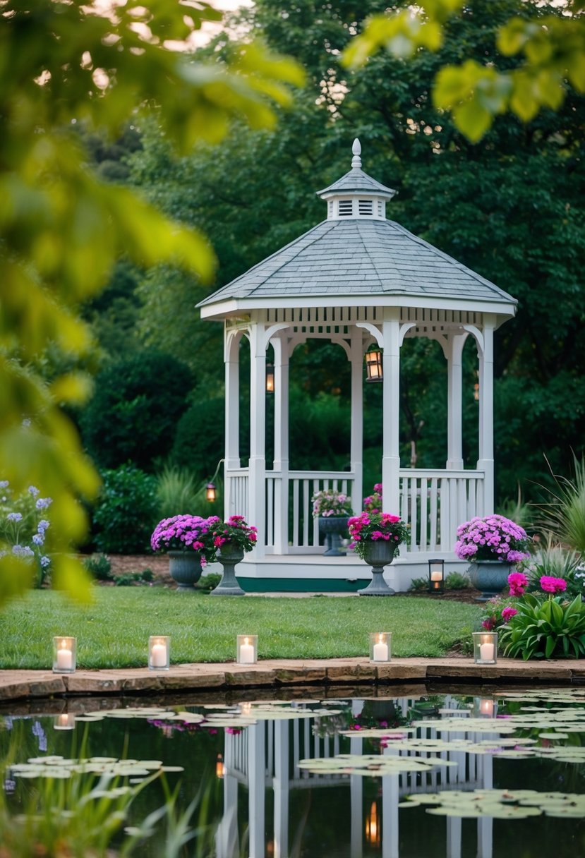 A serene garden with a secluded gazebo, adorned with flowers and candles, overlooking a tranquil pond