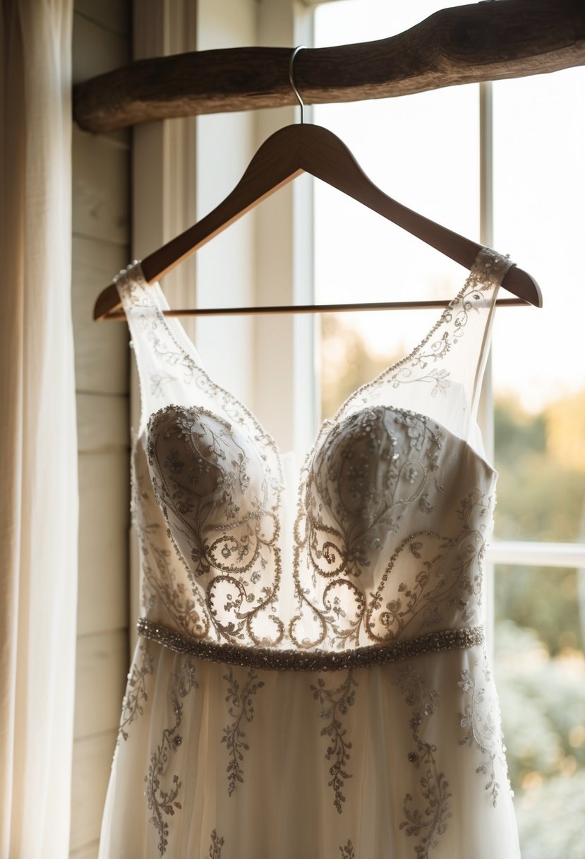 A wedding dress hangs on a rustic wooden hanger, adorned with delicate lace and intricate beading. Soft natural light filters through a nearby window, casting a warm glow on the elegant gown