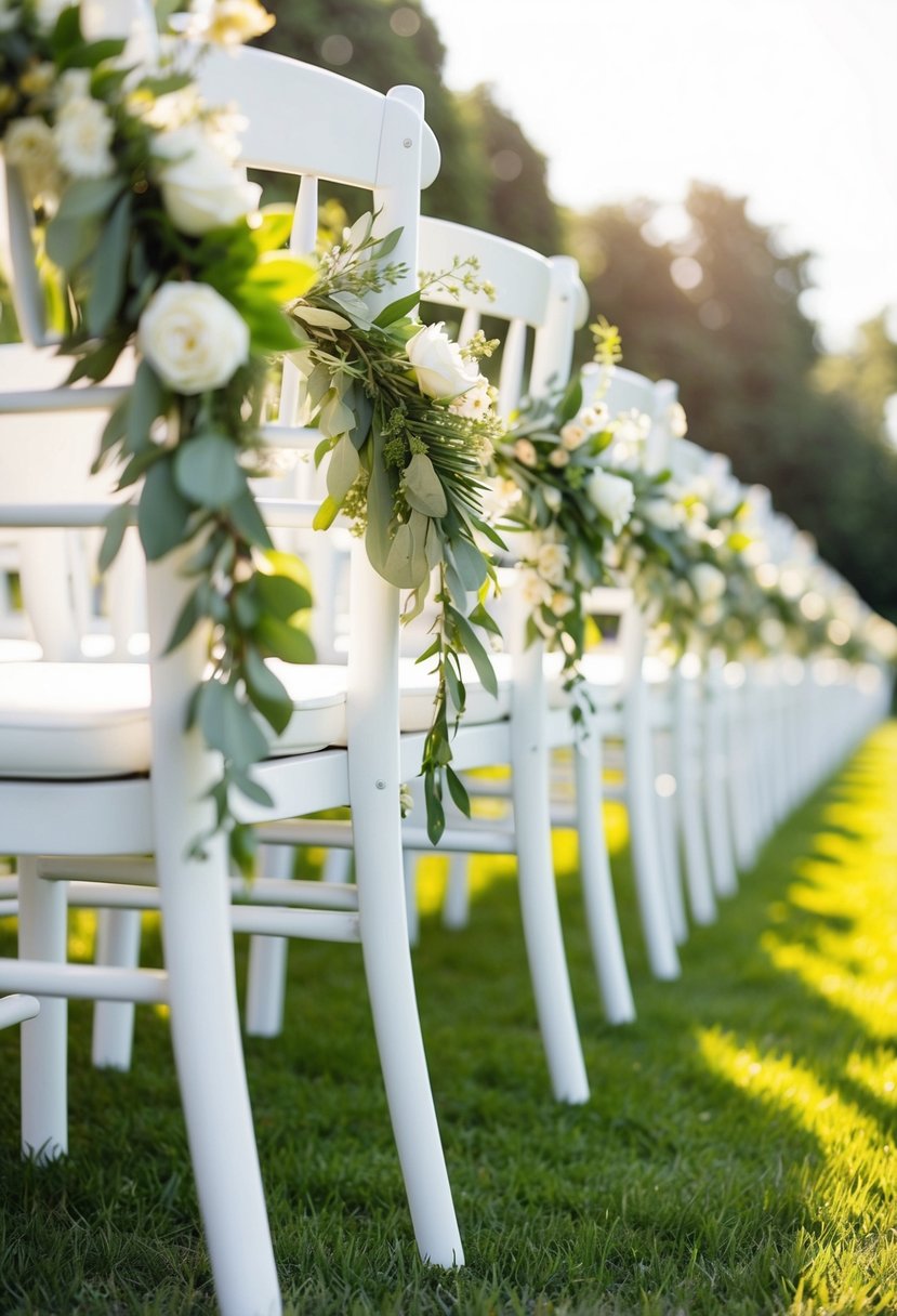 Floral garland draped over white chairs along a sunlit wedding aisle