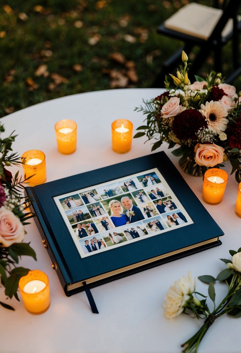 A table with a personalized photo album, filled with pictures from the couple's 49 years of marriage, surrounded by flowers and candles