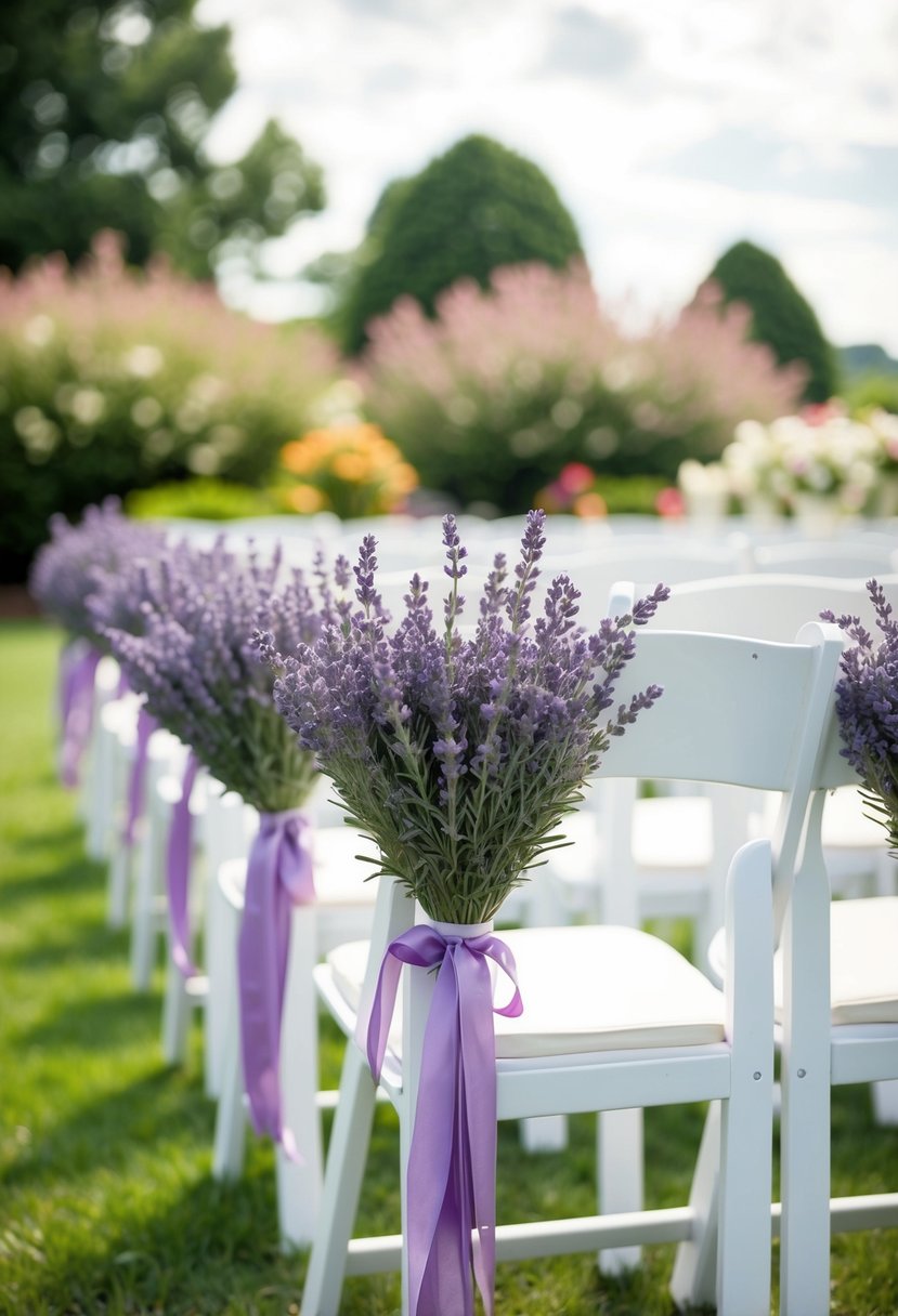 Lavender bunches tied to wedding chairs line the charming aisle