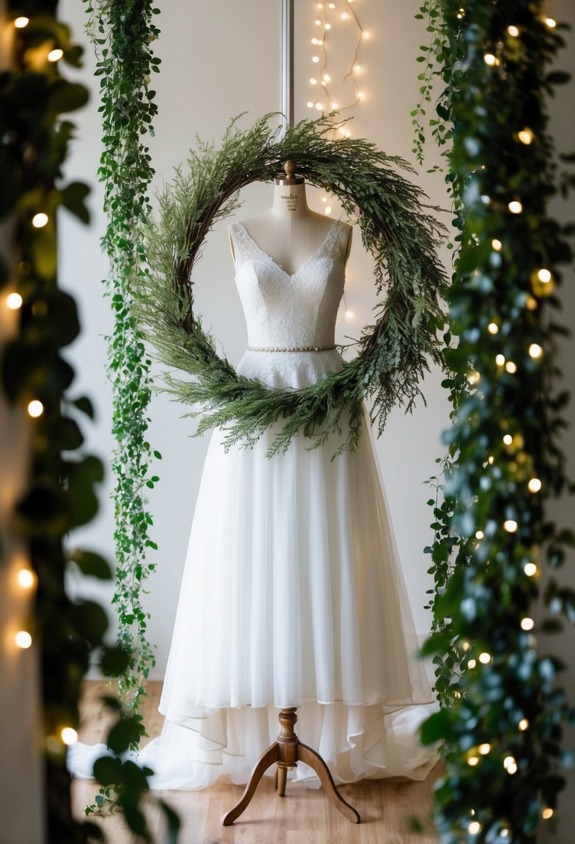 A delicate indoor wreath wedding dress displayed on a vintage mannequin, surrounded by soft fairy lights and cascading greenery