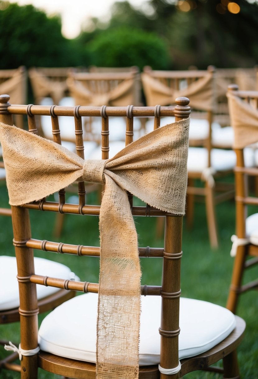 Burlap sashes tied around wooden wedding chairs in a rustic outdoor setting