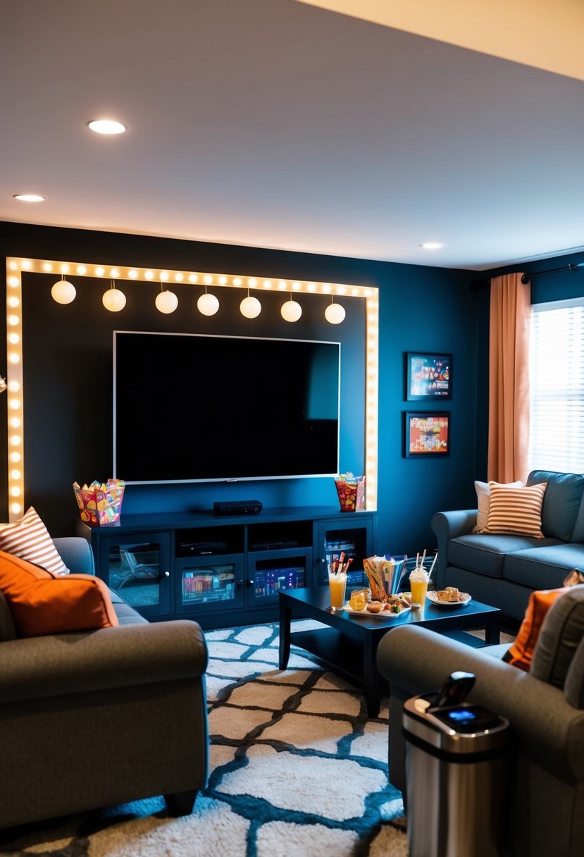 A cozy living room with a large screen TV, surrounded by comfortable seating and decorated with movie-themed decor. Snacks and drinks are set up on a nearby table