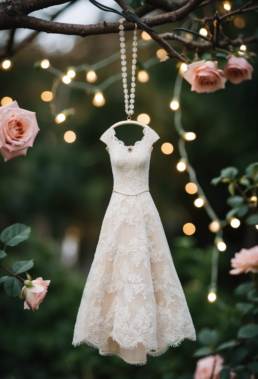 A delicate lace locket dress suspended from a tree branch, surrounded by twinkling fairy lights and blooming roses