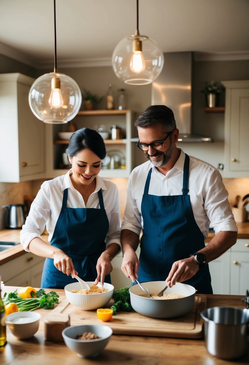 A couple prepares ingredients, follows a recipe, and cooks together in a cozy kitchen to celebrate their 49th wedding anniversary