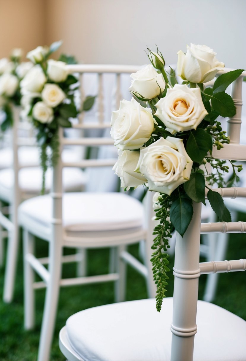 Elegant white roses adorn wedding aisle chairs