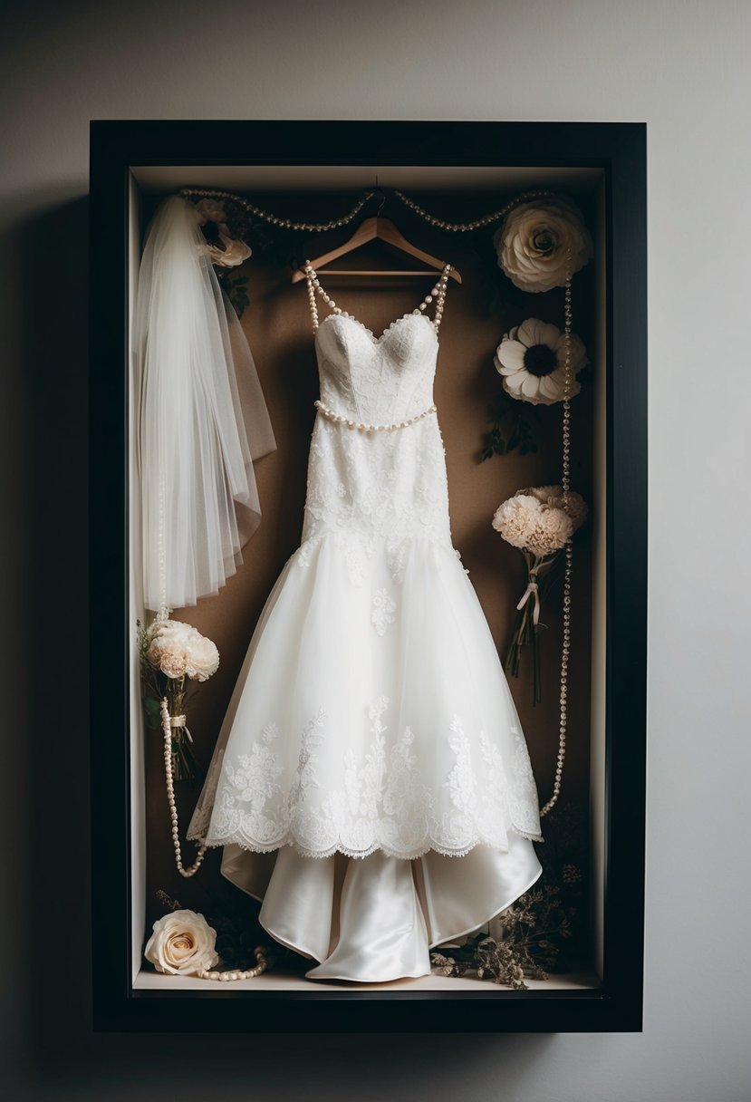 A wedding dress suspended in a shadow box, adorned with delicate lace and pearls, surrounded by preserved flowers and a veil