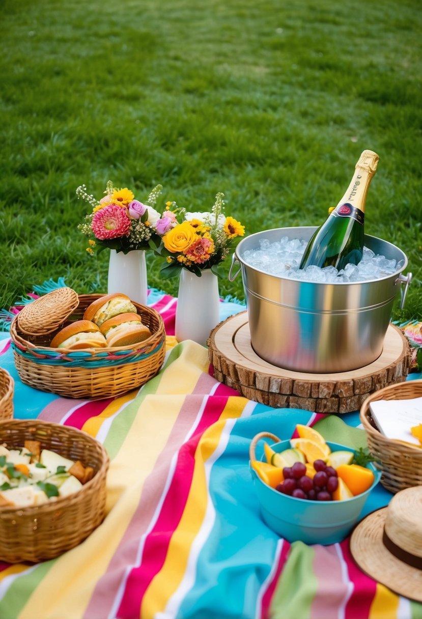 A colorful picnic blanket spread out on the green grass, surrounded by baskets of food, flowers in vases, and a bottle of champagne chilling in a bucket of ice