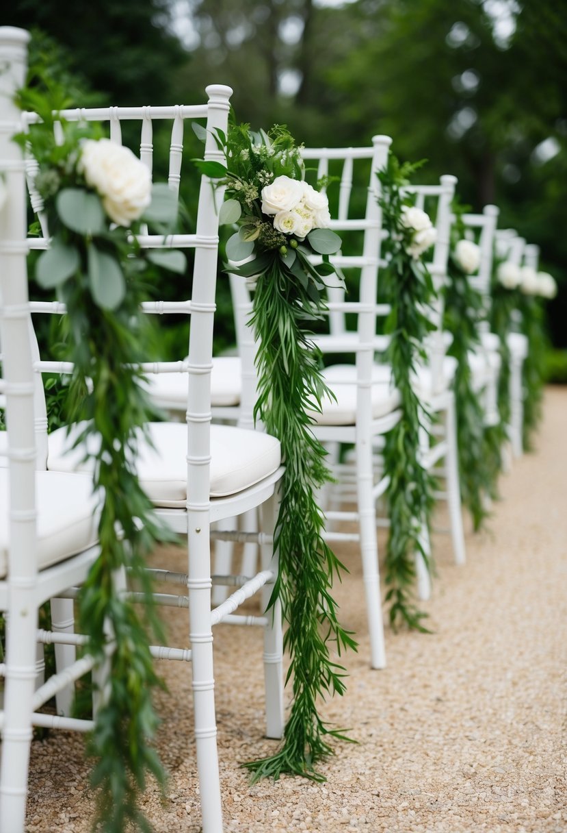 Lush greenery swags drape over wedding aisle chairs, adding a delicate touch to the elegant outdoor ceremony