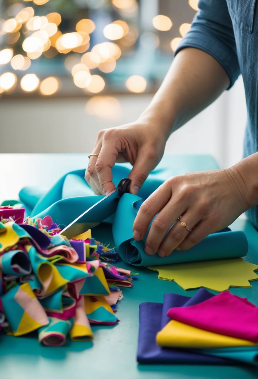 A pair of hands cutting fabric into various shapes and sizes, with a pile of colorful fabric pieces scattered on a table