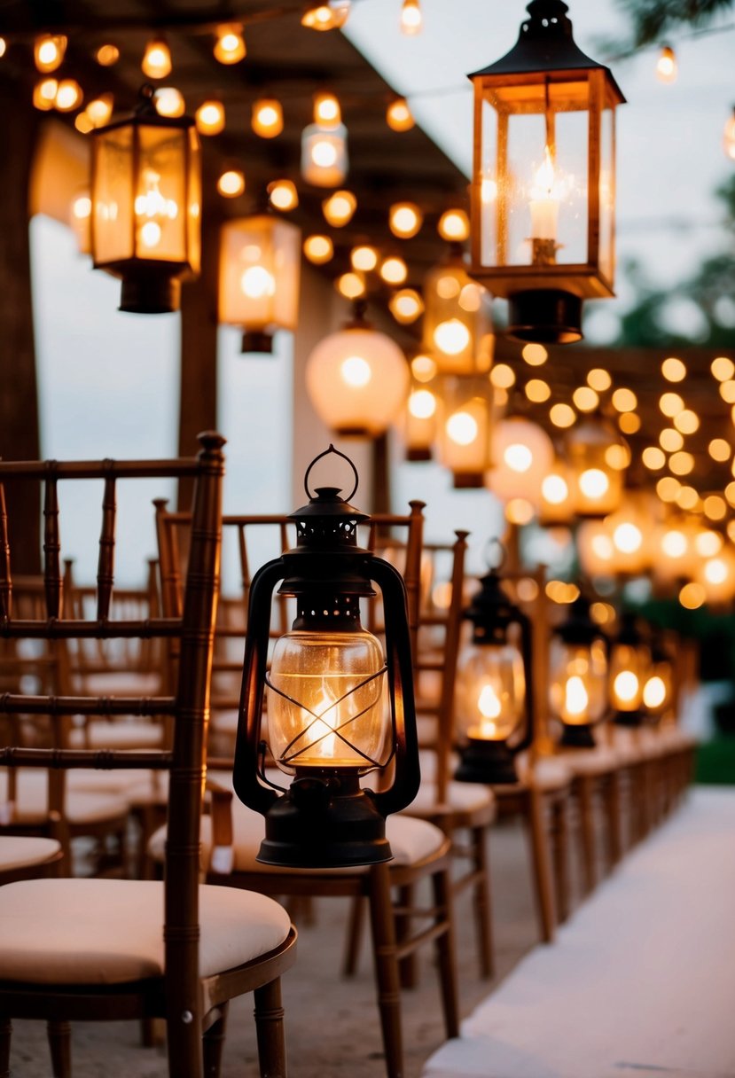 Vintage lanterns hang from chairs along the wedding aisle, casting a warm, romantic glow