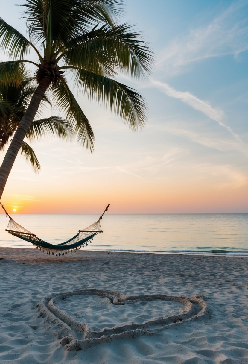 A serene beach at sunset, with palm trees, a hammock, and a couple's initials carved into the sand