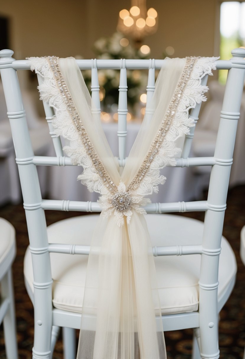 A delicate bridal sash draped over the back of a chair, adorned with intricate beading and delicate lace details