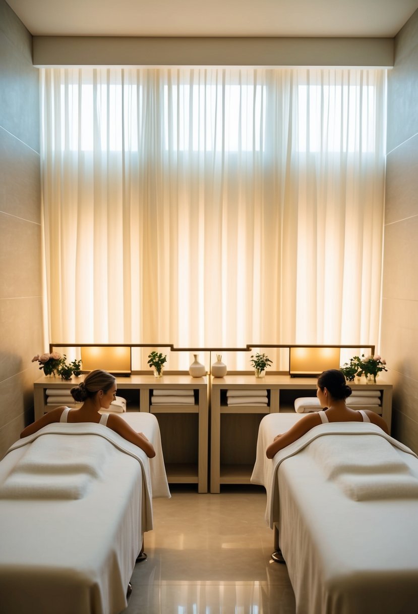 A serene spa room with two massage tables, soft lighting, and soothing music. A couple relaxes side by side, receiving massages and enjoying a peaceful atmosphere