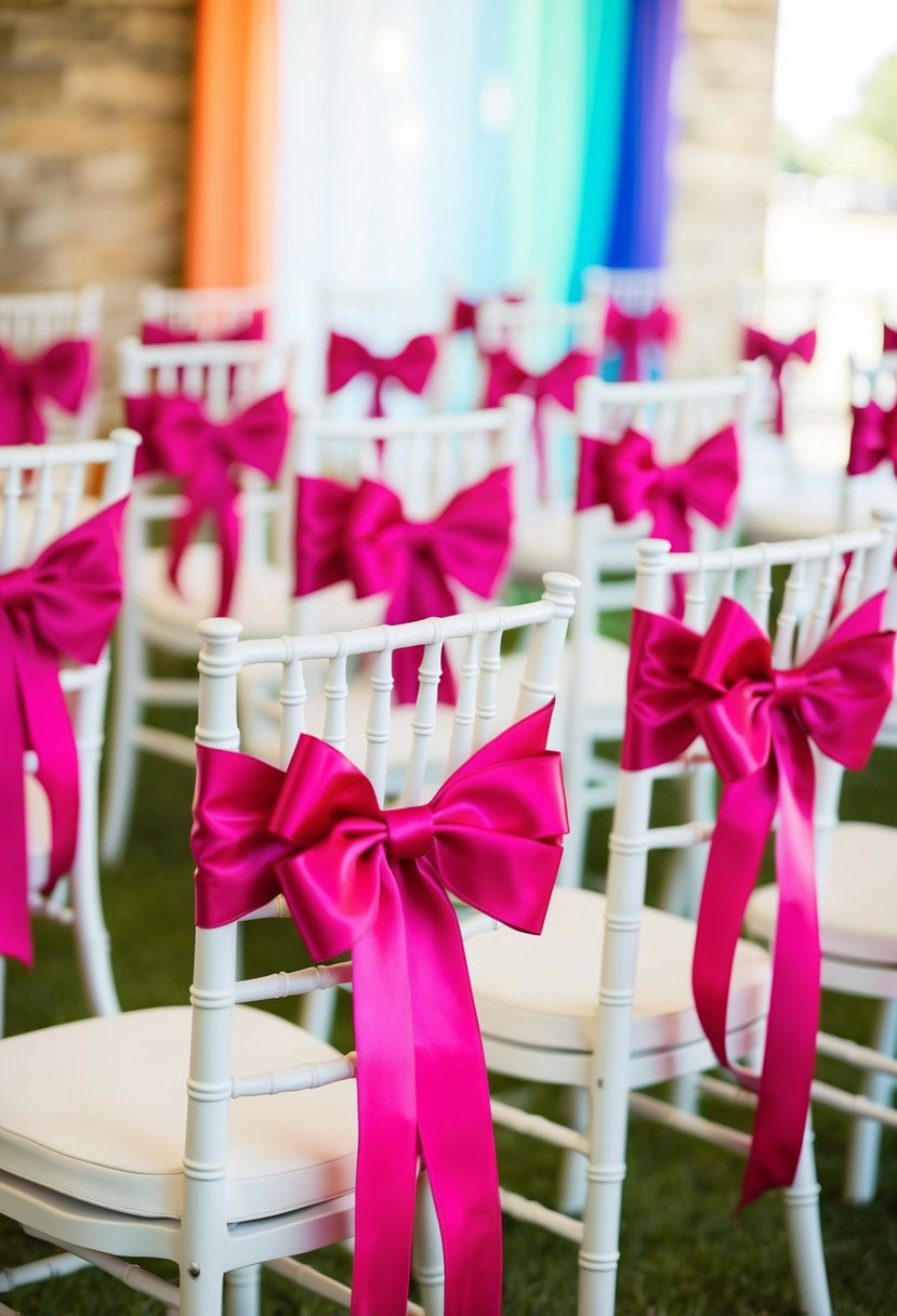 Bright ribbon bows adorn wedding chairs in a colorful aisle display