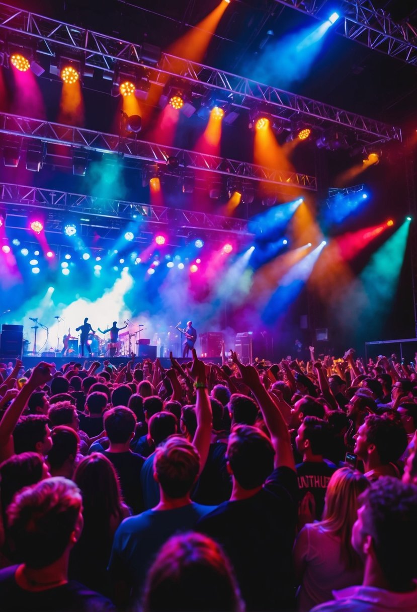 A lively concert with colorful stage lights and a cheering crowd